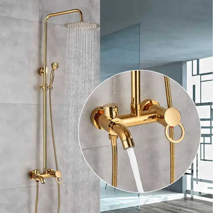 Matte black bathroom shower faucet with rainfall head and handheld spray featuring gold-finished brass accents and textured hose fittings
