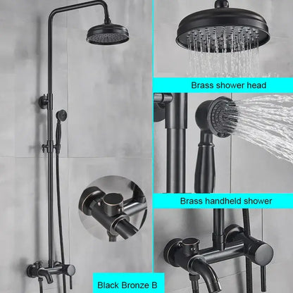 Matte black bathroom shower faucet with rainfall head handheld spray and wall-mounted faucet in black bronze finish