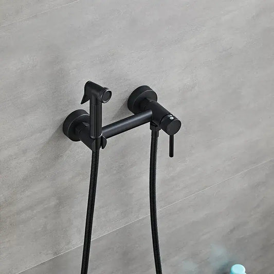 Matte black bidet faucet set with wall-mounted black matte shower faucet and integrated handheld sprayer with hose