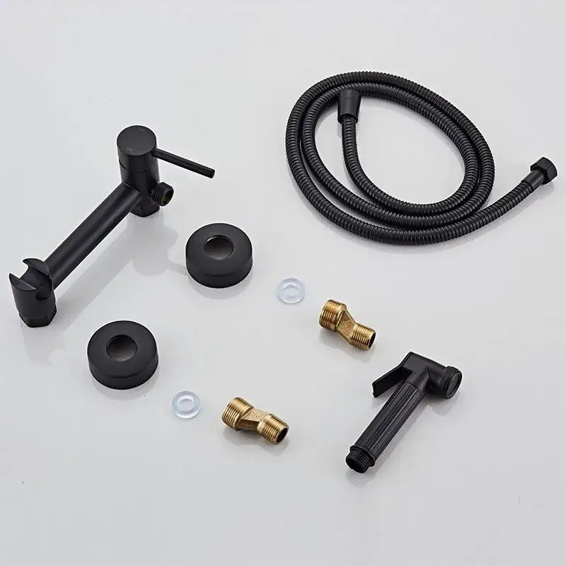 Matte black bidet faucet set with black matte finish featuring a bidet faucet and handheld sprayer for bathroom use