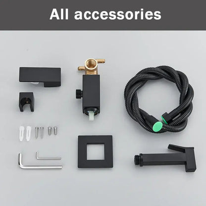 Matte black bidet faucet with handheld sprayer featuring brass accents and coiled hose with green connectors by decorbites