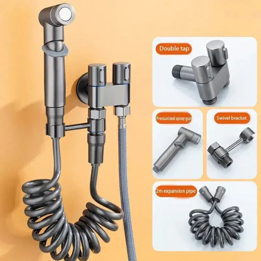 Modern matte black decorbites bidet spray set with coiled hose and dual tap assembly for bathroom use