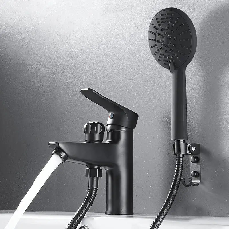 Matte black brass basin faucet with single handle and pull out spray handheld showerhead for bathroom decorbites black brass