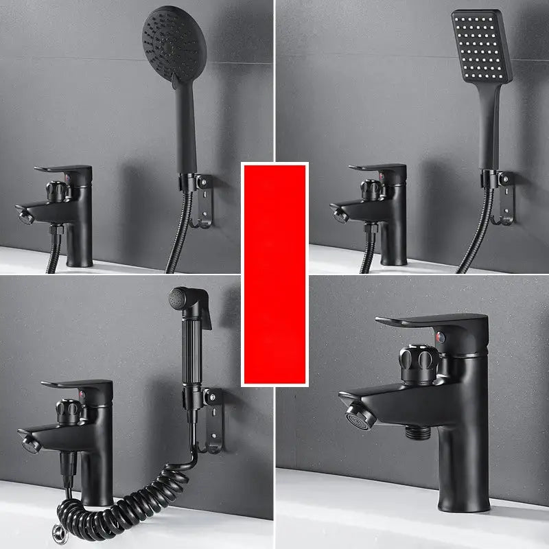 Matte black brass basin faucet with single handle and pull out spray set by decorbites for bathroom use
