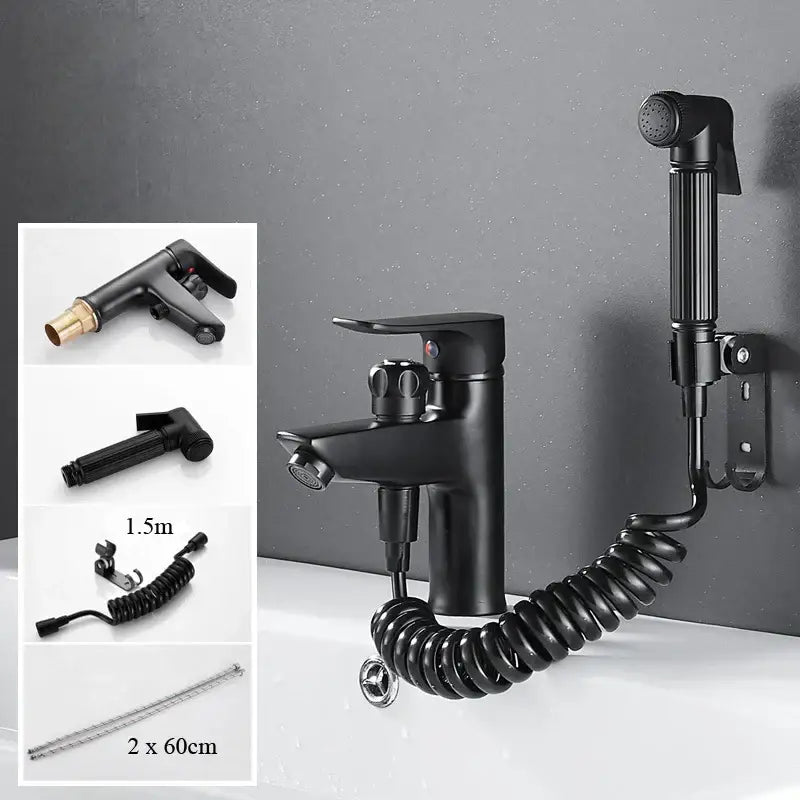 Matte black brass basin faucet with single handle pull out spray and coiled hose by decorbites black brass