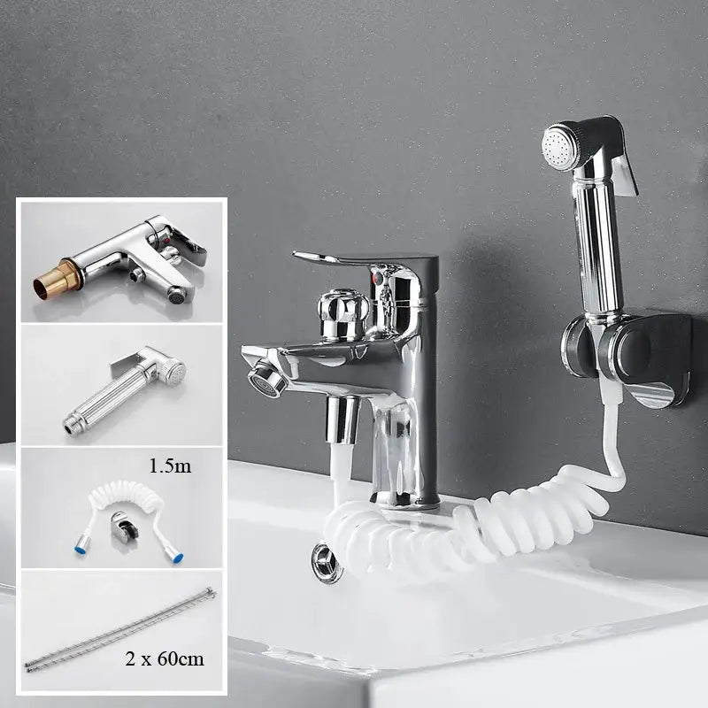 Chrome finished single handle basin faucet with integrated handheld showerhead and white flexible hose by decorbites black brass