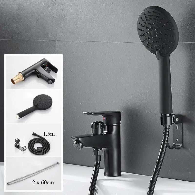 Matte black brass basin faucet with single handle and pull out spray featuring decorbites black brass finish and handheld showerhead