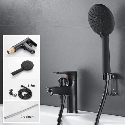 Matte black brass basin faucet with single handle and pull out spray featuring decorbites black brass finish and handheld showerhead
