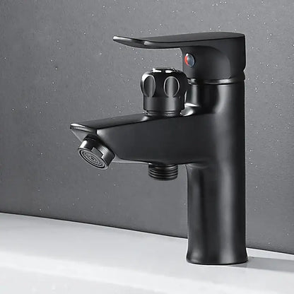 Matte black brass basin faucet with single handle and pull out spray featuring a sleek decorbites black brass design