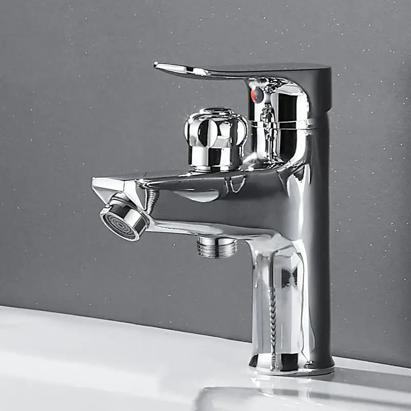 Chrome-finished basin faucet with single handle and integrated spray nozzle by decorbites black brass for bathroom use