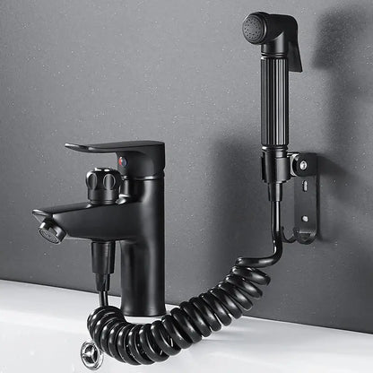 Matte black brass basin faucet single handle with pull out spray and integrated coiled hose by decorbites black brass