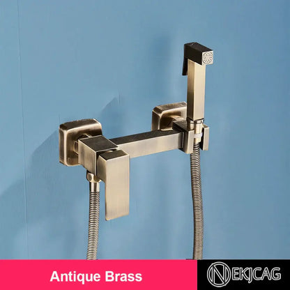 Antique brass bidet sprayer with square design and handheld showerhead for bathroom wall mounted hot cold mixer decorbites brass bidet