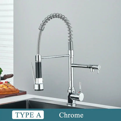 Chrome finished brass kitchen sink faucet with flexible coiled gooseneck spout and dual handles for water control