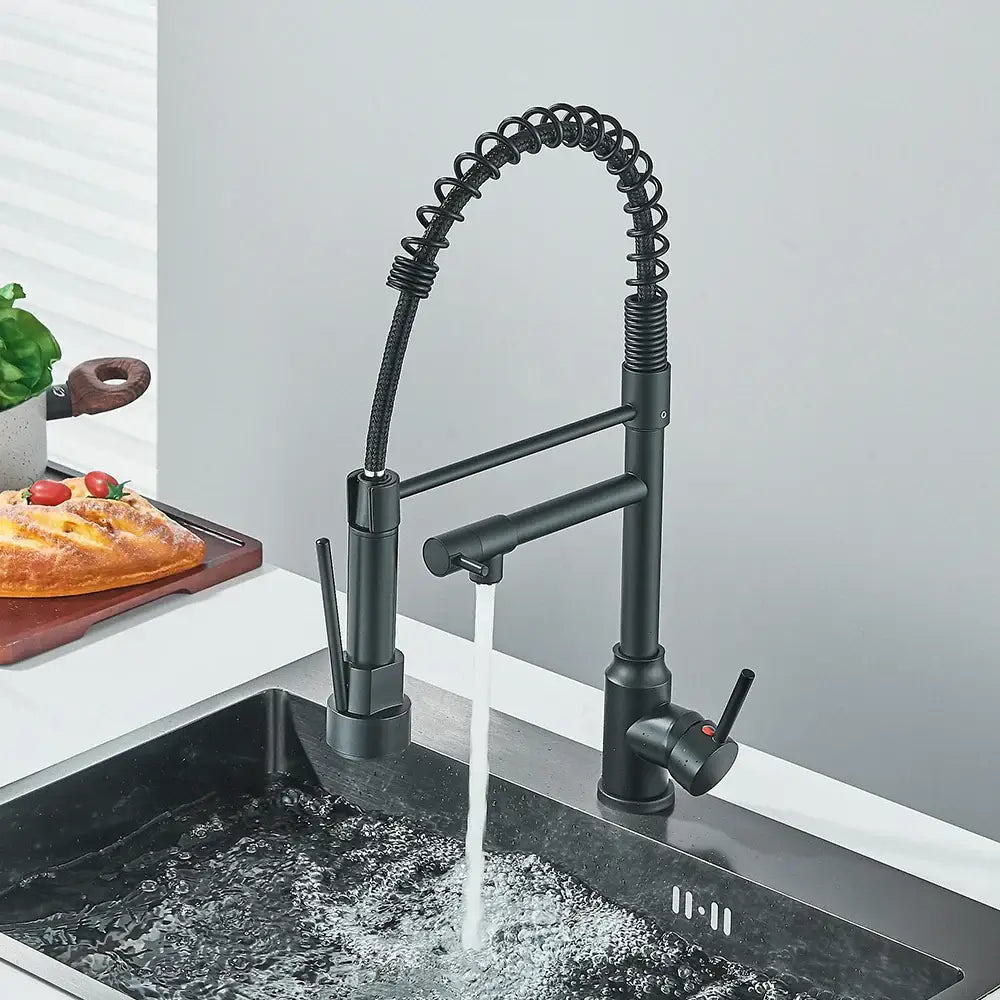 Matte black brass kitchen sink faucet with pull down sprayer and flexible coiled gooseneck for decorbites brass kitchen