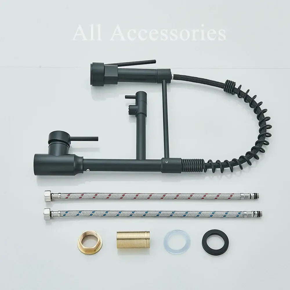 Matte black brass kitchen sink faucet with pull down sprayer featuring a flexible gooseneck and braided hoses decorbites brass kitchen