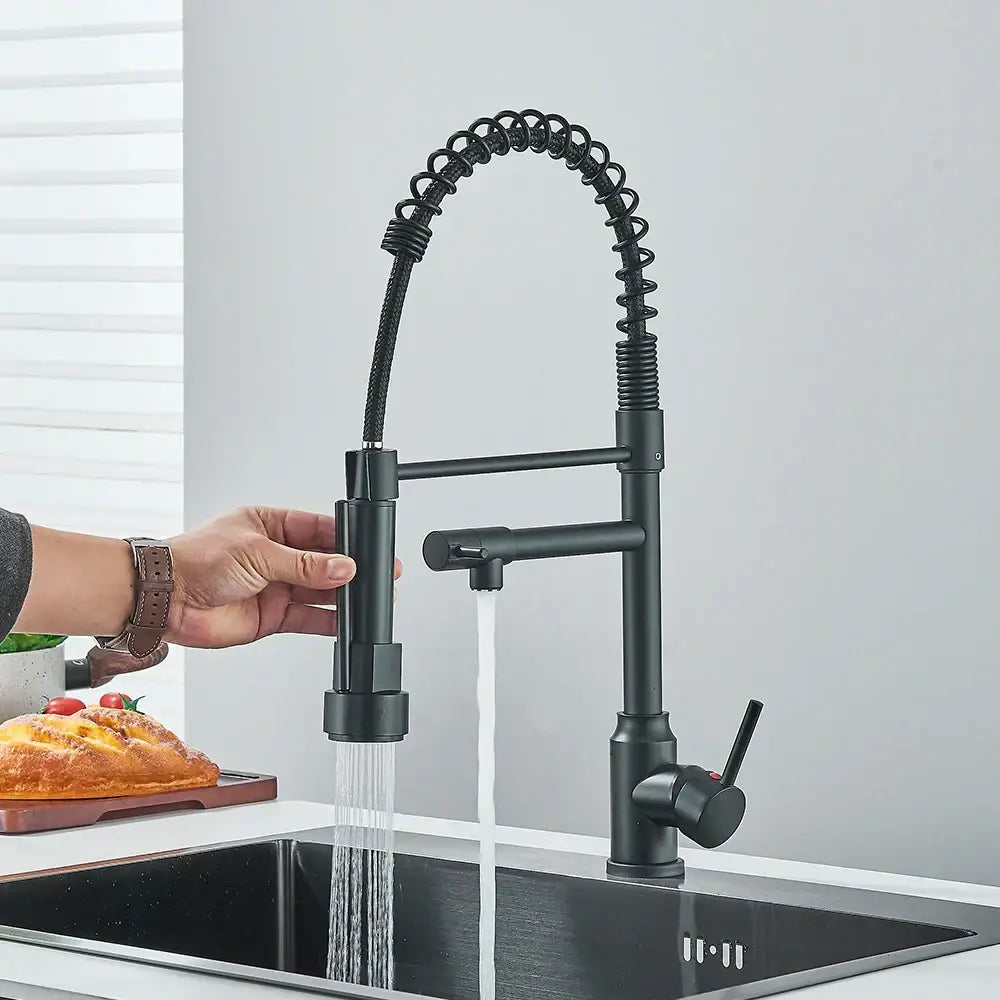 Matte black brass kitchen sink faucet with pull down sprayer and flexible coiled gooseneck spout by decorbites brass kitchen
