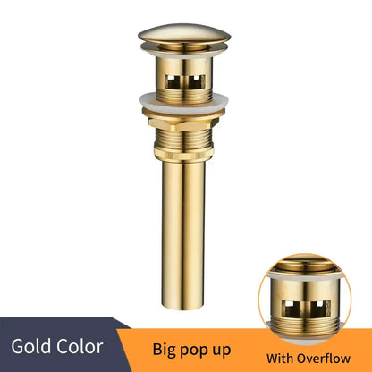 Matte black brass vessel sink pop up drain with overflow featuring gold-colored brass decorbites brass black finish