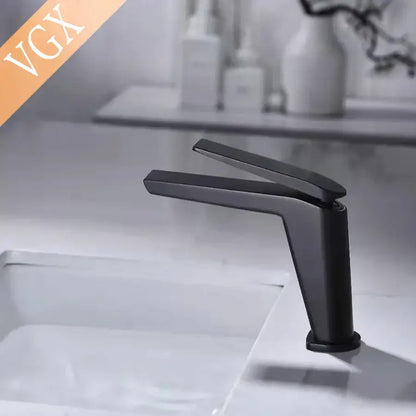 Matte black contemporary square design basin mixer faucet with sleek angular design for cold water use in bathroom