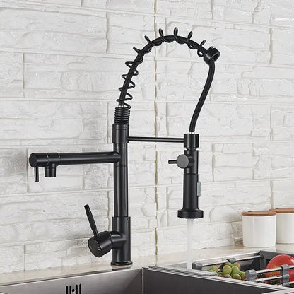 Matte black decorbites brass kitchen faucet with swivel spout and flexible coiled gooseneck pull-down spray head