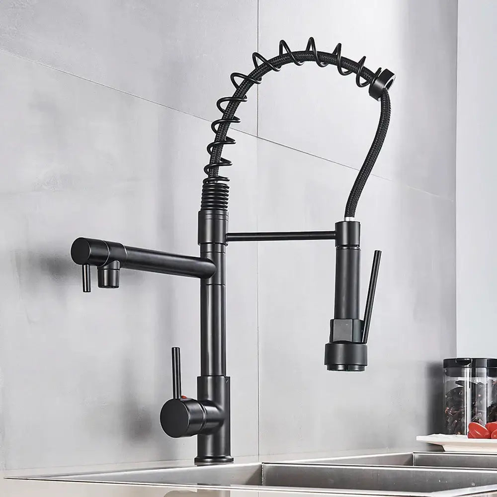 Matte black decorbites brass kitchen faucet with coiled flexible hose and swivel spout pull-down spray head