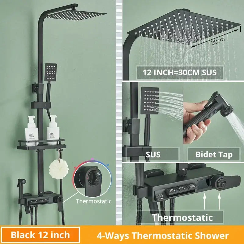 Black 12-inch square rainfall showerhead with matte finish and multiple nozzles for decorbites digital display shower faucet set