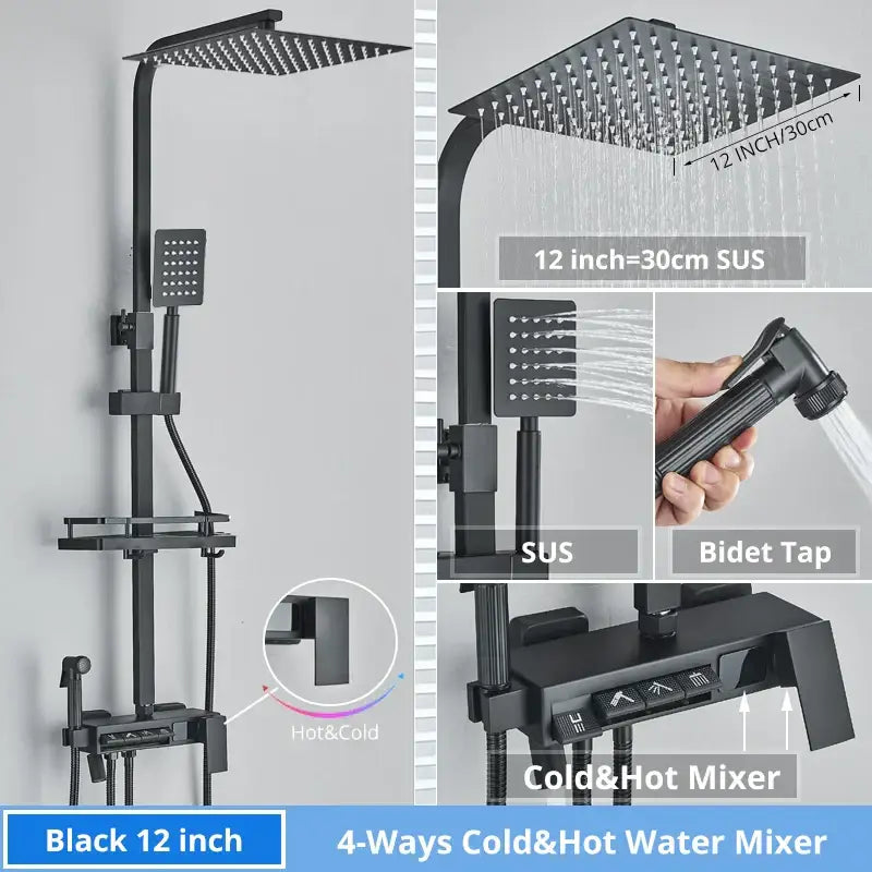 Matte black 12-inch square rain shower head with multiple nozzles in decorbites digital display shower faucet set