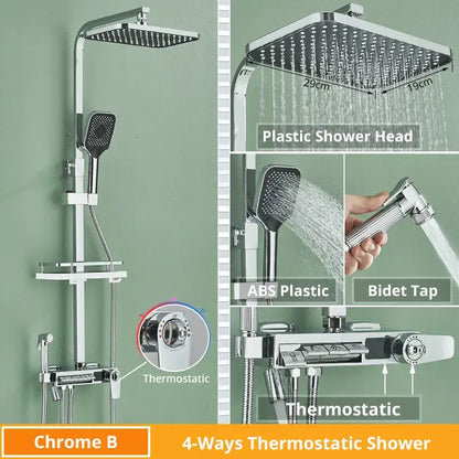 Matte black decorbites digital display shower faucet set with chrome 4-way thermostatic system and square rainhead