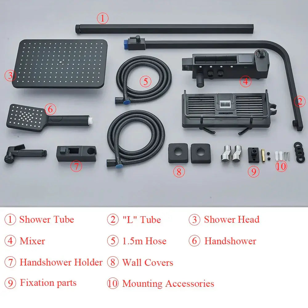 Matte black shower faucet head with a grid of perforations in decorbites digital display shower faucet set bathroom