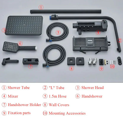 Matte black shower faucet head with a grid of perforations in decorbites digital display shower faucet set bathroom