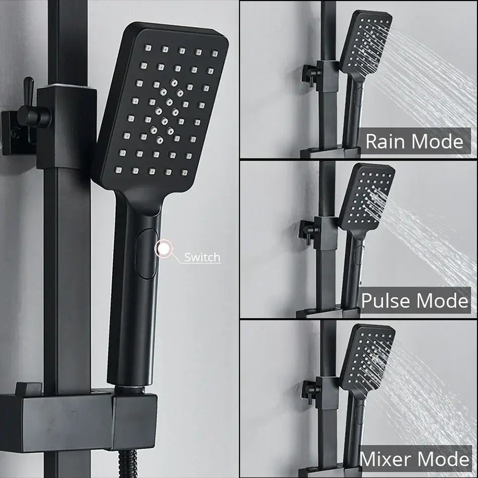 Matte black decorbites digital display shower faucet with square matte showerhead and switch for rain pulse mixer modes