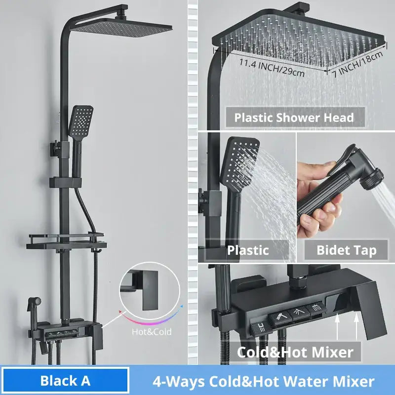 Matte black decorbites digital display shower faucet set with rainhead handheld spray and bidet tap for bathroom use