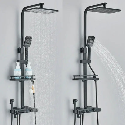 Matte black decorbites digital display shower faucet set with square rainhead handheld spray and integrated shelves for toiletries