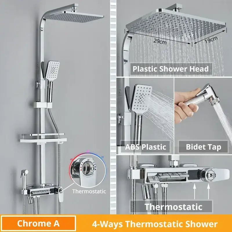 Chrome finished 4-way thermostatic shower faucet with square rainhead handheld spray and bidet tap for decorbites digital display shower