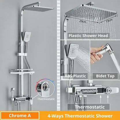 Chrome finished 4-way thermostatic shower faucet with square rainhead handheld spray and bidet tap for decorbites digital display shower
