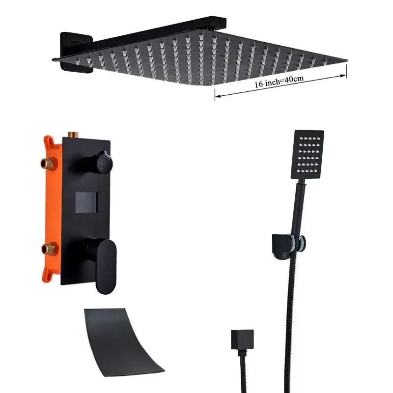 Matte black digital display shower faucet set with 40cm black square rainfall showerhead and multiple spray nozzles
