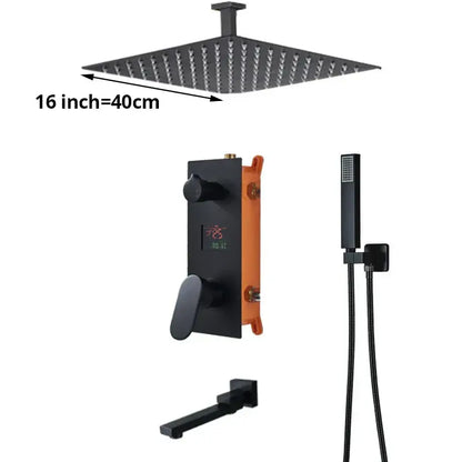 Matte black digital display shower faucet set with 16-inch square rain shower head featuring multiple nozzles