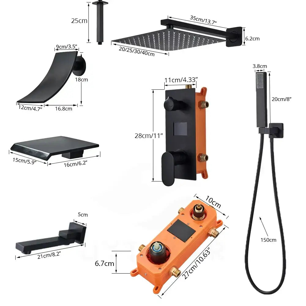 Matte black digital display shower faucet set with a sleek square rain shower head and multiple spray nozzles