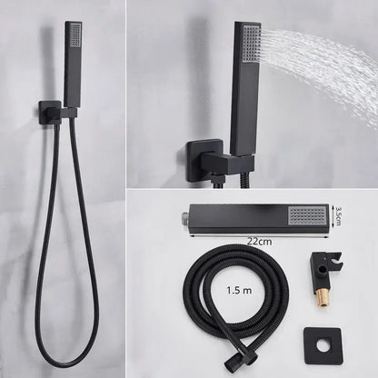 Matte black shower faucet set with digital display featuring a modern rectangular rainfall shower head with grid spray face