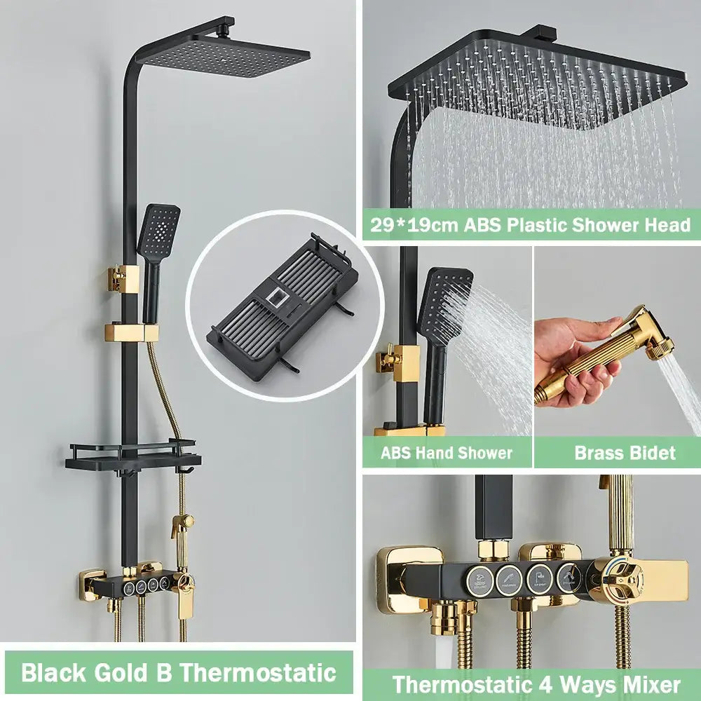 Matte black digital rainfall shower faucet set with square rainhead handheld shower brass bidet and 4-way mixer