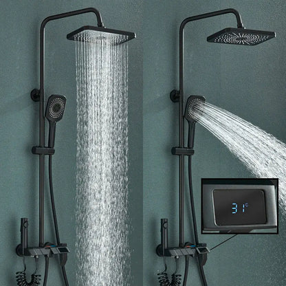 Matte black digital rainfall shower system with square rainhead and temperature display by decorbites digital rainfall