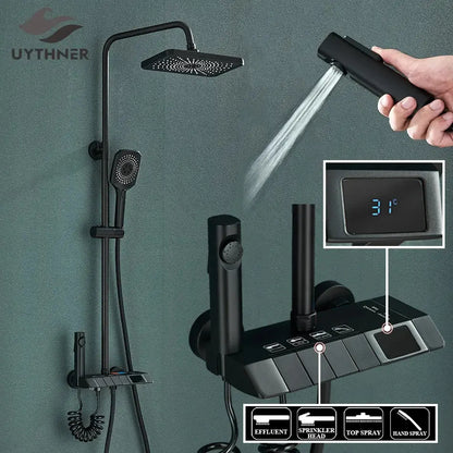 Matte black digital rainfall shower system by decorbites with matte finish and multiple spray settings for bathroom use