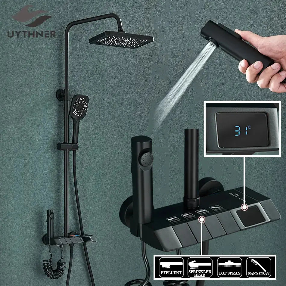 Matte black digital rainfall shower system by decorbites with matte finish and multiple spray settings for bathroom use