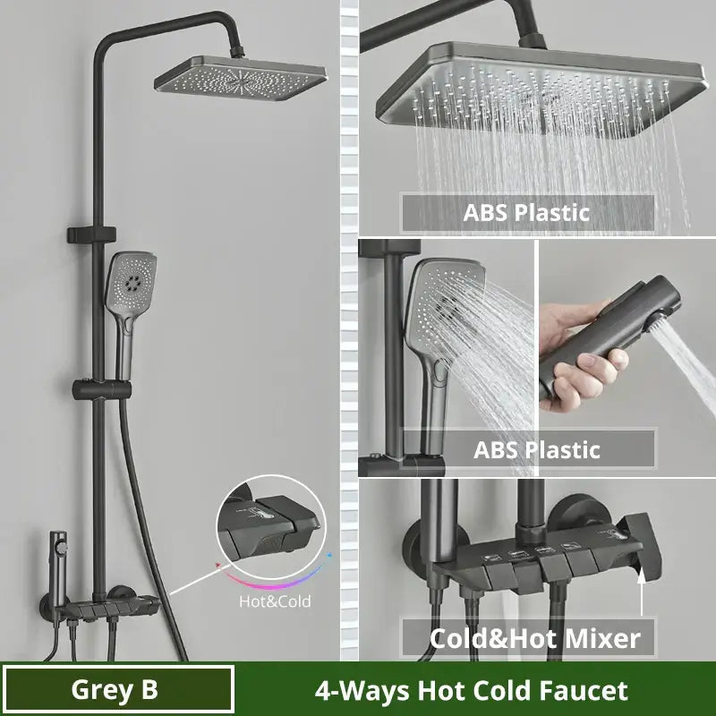 Matte black digital rainfall shower system by decorbites with square rainhead handheld spray and 4-way mixer in abs plastic