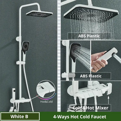 Matte black decorbites digital rainfall shower system with white abs plastic square rainhead handheld spray and mixer