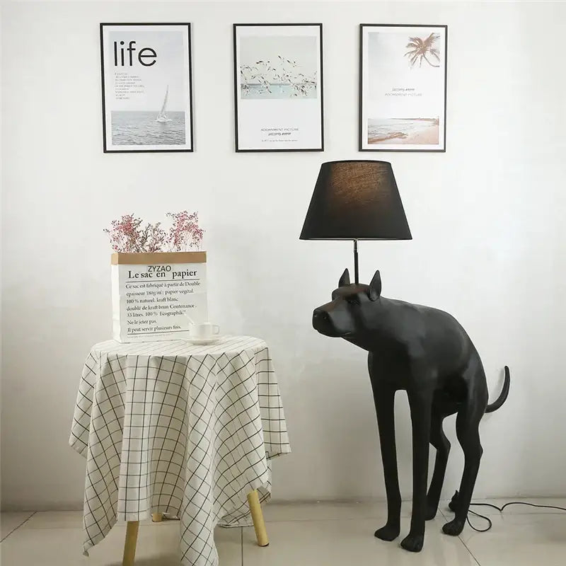 Matte black dog shaped floor lamp with textured fabric cylindrical shade for living room decorbites big dog led