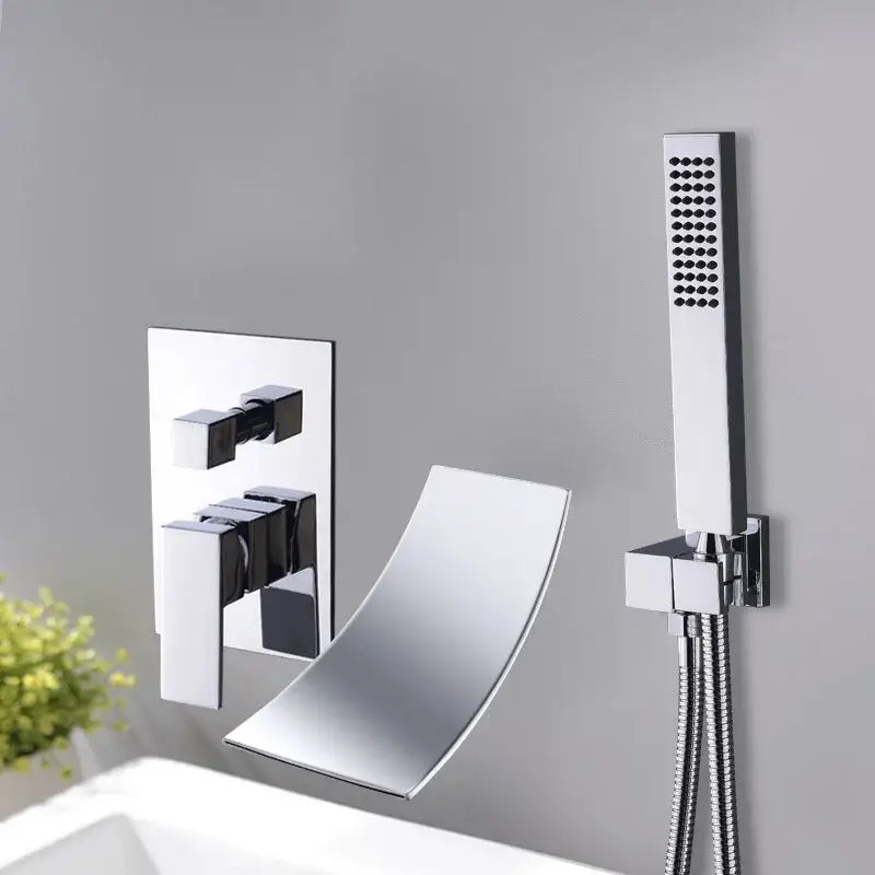 Modern chrome-finished wall-mounted faucet set with sleek curved waterfall spout and handheld for decorbites dual handle bathtub