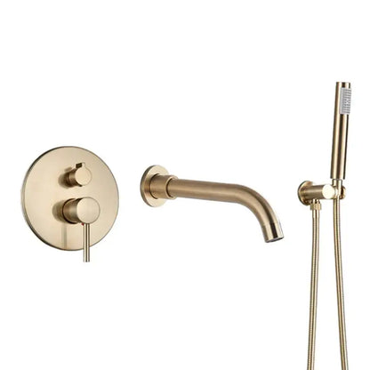 Matte black dual handle bathtub faucet set with a brushed gold finish and circular wall-mounted control decorbites dual handle