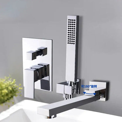 Matte black dual handle bathtub faucet set with chrome finished rectangular spout and adjustable handheld showerhead decorbites dual handle
