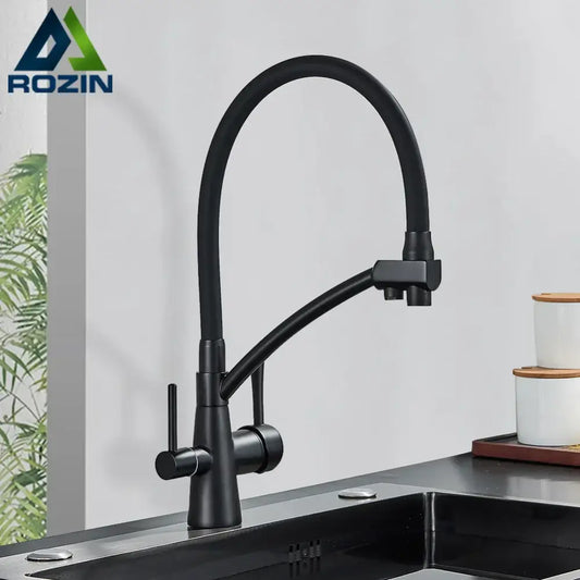 Matte black decorbites kitchen faucet with dual handles and flexible gooseneck spout for filtered water use