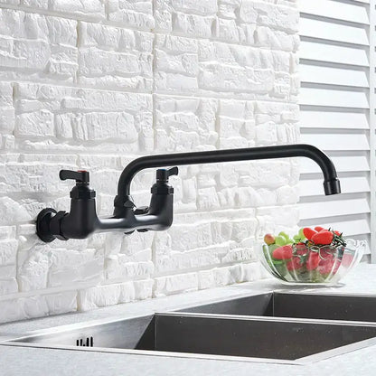 Matte black dual handle kitchen faucet with swivel hot cold water tap mounted above stainless steel sink